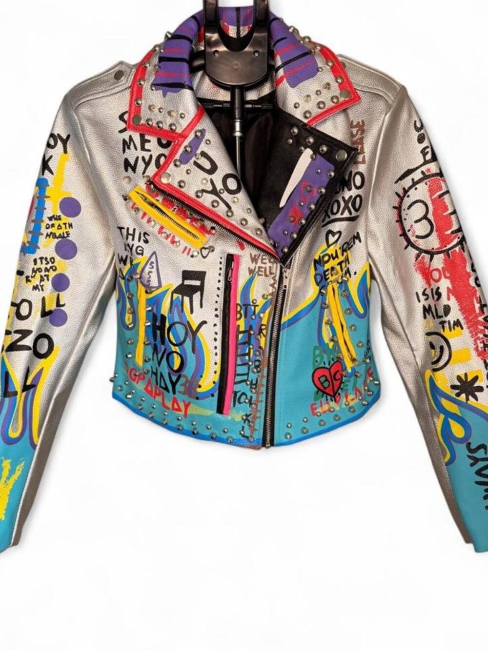 Azalea Wang Graffiti Studded Moto Jacket Size L Metallic Silver Faux Leather